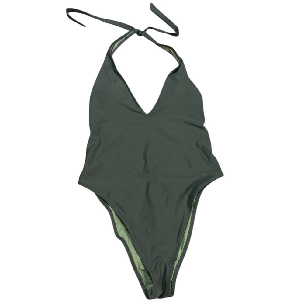 aerie Olive Green Halter V-Neck One-Piece Swimsuit